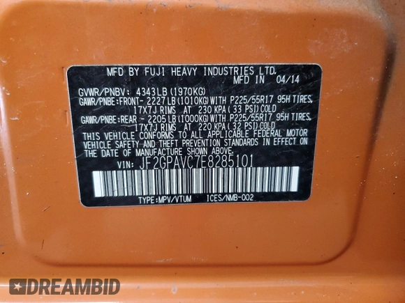 2014 Subaru Crosstrek Premium with VIN JF2GPAVC7E8285101, listed as a Copart auction lot 52966365 with 143,045 mi miles and Salvage title. Bid and sale history available at DreamBid. Image 13.