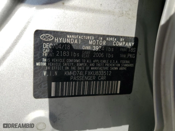 2019 Hyundai Elantra SE with VIN KMHD74LFXKU833512, listed as a Copart auction lot 50049725 with 48,307 mi miles and Salvage Title. Bid and sale history available at carsss.com. Image 12.
