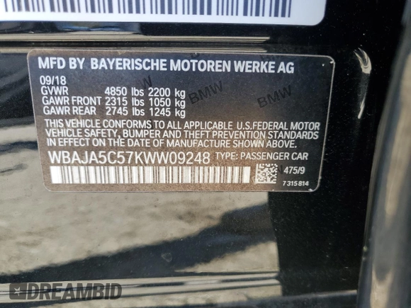 2019 BMW 5 Series 530i with VIN WBAJA5C57KWW09248, listed as a Copart auction lot 50516475 with 69,432 mi miles and Salvage Title. Bid and sale history available at DreamBid. Image 12.