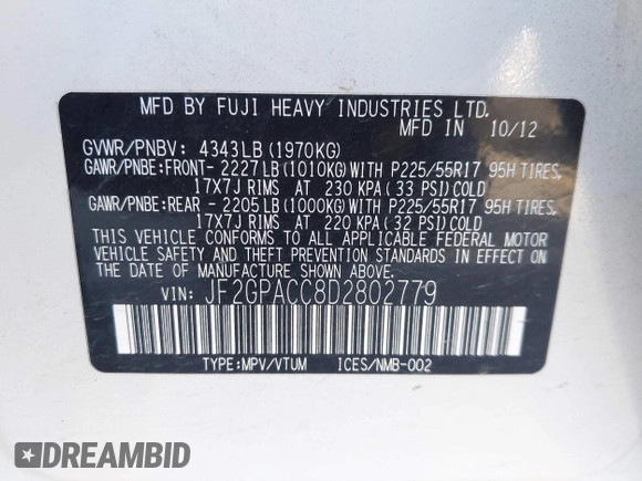 2013 Subaru Crosstrek Premium with VIN JF2GPACC8D2802779, listed as a IAAI auction lot 40978068 with 140,793 mi miles and . Bid and sale history available at DreamBid. Image 9.