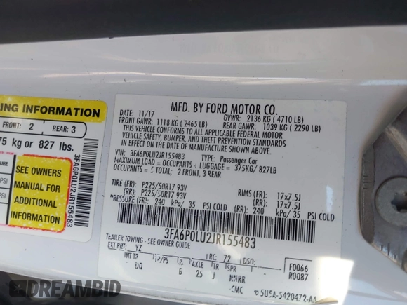 2018 Ford Fusion SE z VIN 3FA6P0LU2JR155483, wystawiony jako IAAI lot #42019475 z przebiegiem Nie podano mil oraz . Historia ofert i sprzedaży dostępna na DreamBid. Obrazek 9.