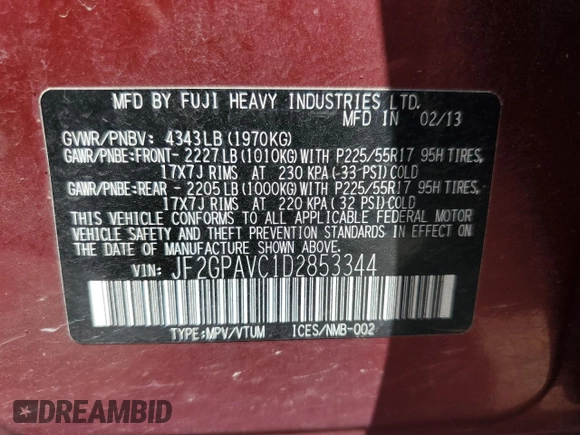 2013 Subaru Crosstrek Premium with VIN JF2GPAVC1D2853344, listed as a Copart auction lot 59951265 with 147,810 mi miles and Salvage title. Bid and sale history available at DreamBid. Image 13.