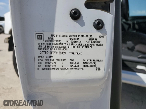 2000 GMC Sierra 1500 SL with VIN 2GTEC19V9Y1189359, listed as a Copart auction lot 74488824 with Not Provided miles and Salvage Title. Bid and sale history available at DreamBid. Image 13.