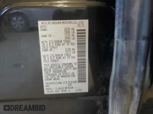 2022 Nissan Pathfinder SL with VIN 5N1DR3CCXNC223100, listed as a Copart auction lot 49056955 with 34,736 mi miles and Salvage title. Bid and sale history available at DreamBid. Image 13.