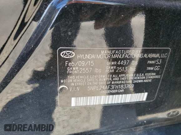 2015 Hyundai Sonata 2.4L SE with VIN 5NPE24AF3FH183769, listed as a Copart auction lot 55077105 with 78,854 mi miles and Clean Title. Bid and sale history available at carsss.com. Image 12.
