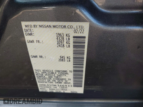 2022 Nissan Altima 2.5 SR with VIN 1N4BL4CV7NN346433, listed as a IAAI auction lot 42037526 with 64,300 mi miles. Bid and sale history available at carsss.com. Image 9.