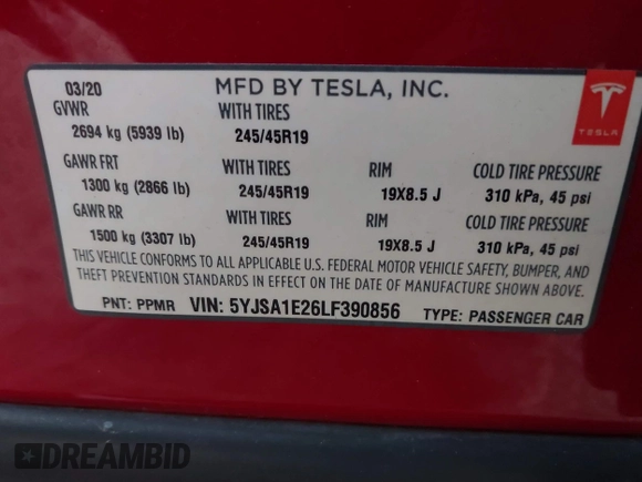 2020 Tesla Model S Long Range with VIN 5YJSA1E26LF390856, listed as a IAAI auction lot 41013728 with 54,985 mi miles. Bid and sale history available at carsss.com. Image 9.