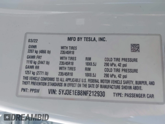 2022 Tesla Model 3 Long Range z VIN 5YJ3E1EB8NF212930, wystawiony jako IAAI lot #41658127 z przebiegiem 43 773 mil mil oraz . Historia ofert i sprzedaży dostępna na DreamBid. Obrazek 9.