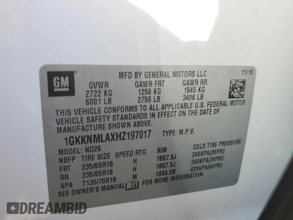 2017 GMC Acadia SLT with VIN 1GKKNMLAXHZ197017, listed as a Copart auction lot 88810575 with 125,748 mi miles and Salvage Title. Bid and sale history available at carsss.com. Image 14.