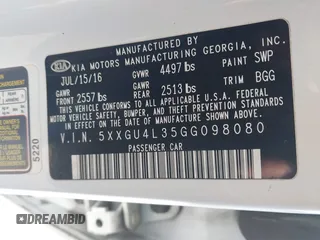 2016 Kia Optima EX with VIN 5XXGU4L35GG098080, listed as a IAAI auction lot 41994612 with 86,646 mi miles and . Bid and sale history available at carsss.com. Image 9.