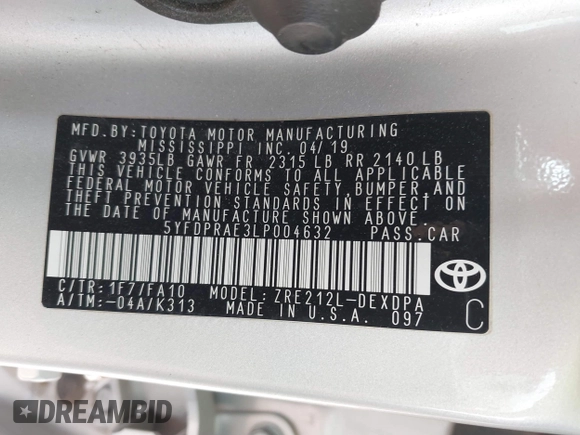 2020 Toyota Corolla L with VIN 5YFDPRAE3LP004632, listed as a IAAI auction lot 41741124 with 46,887 mi miles. Bid and sale history available at carsss.com. Image 9.