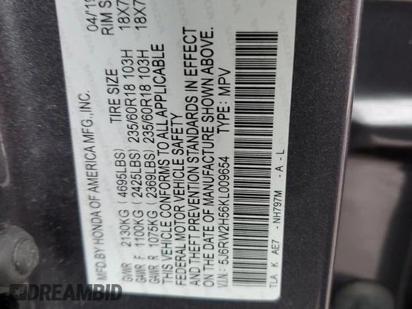 2019 Honda CR-V EX with VIN 5J6RW2H56KL009654, listed as a Copart auction lot 37589213 with 73,223 mi miles. Bid and sale history available at carsss.com. Image 15.