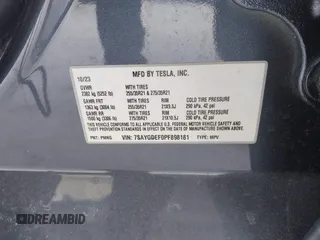2023 Tesla Model Y Performance with VIN 7SAYGDEF0PF898181, listed as a IAAI auction lot 41577666 with 19,051 mi miles and . Bid and sale history available at DreamBid. Image 9.