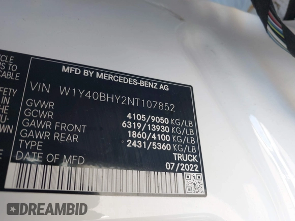 2022 Mercedes-Benz Sprinter Cargo Cargo with VIN W1Y40BHY2NT107852, listed as a IAAI auction lot 41323608 with 27,397 mi miles and . Bid and sale history available at DreamBid. Image 9.