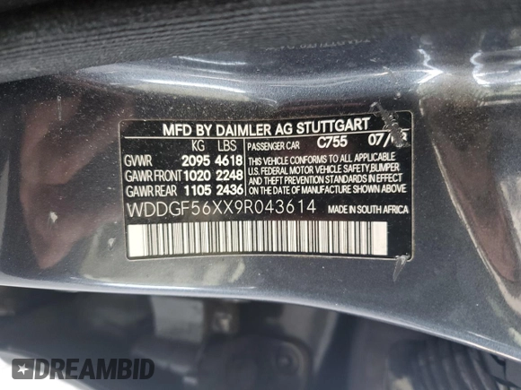 2009 Mercedes-Benz C 350 Sport with VIN WDDGF56XX9R043614, listed as a Copart auction lot 62166555 with 154,142 mi miles and Salvage title. Bid and sale history available at DreamBid. Image 12.