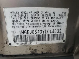 2000 Honda Civic EX with VIN 1HGEJ8543YL044633, listed as a Copart auction lot 78808834 with 236,373 mi miles and Salvage Title. Bid and sale history available at carsss.com. Image 12.