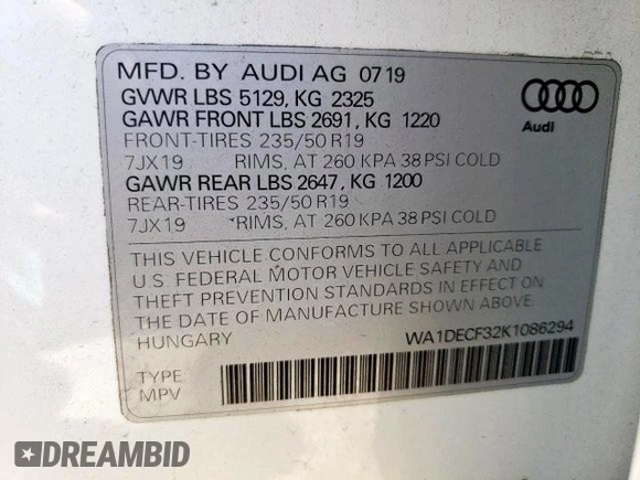 2019 Audi Q3 S line Premium with VIN WA1DECF32K1086294, listed as a Copart auction lot 60691102 with 29,165 mi miles and . Bid and sale history available at DreamBid. Image 10.