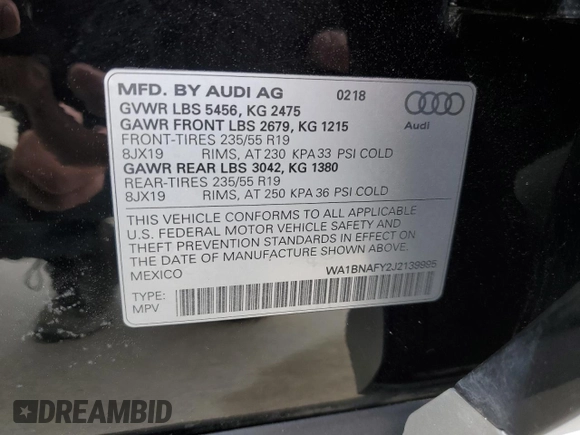 2018 Audi Q5 Premium Plus with VIN WA1BNAFY2J2139995, listed as a Copart auction lot 47162825 with 74,569 mi miles and Salvage Title. Bid and sale history available at carsss.com. Image 12.