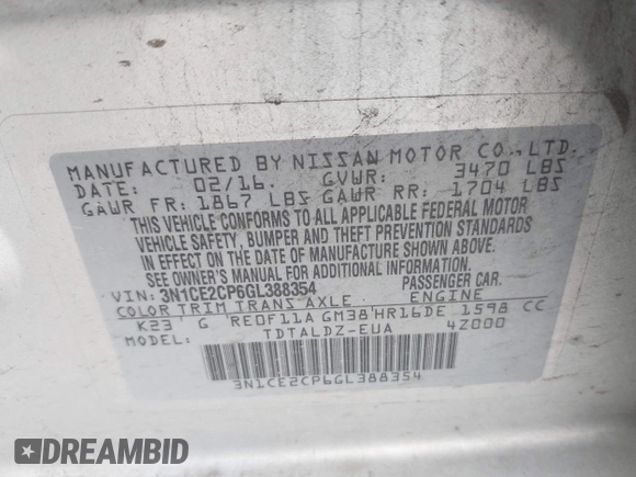 2016 Nissan Note S Plus with VIN 3N1CE2CP6GL388354, listed as a IAAI auction lot 42054970 with 146,885 mi miles and . Bid and sale history available at DreamBid. Image 9.