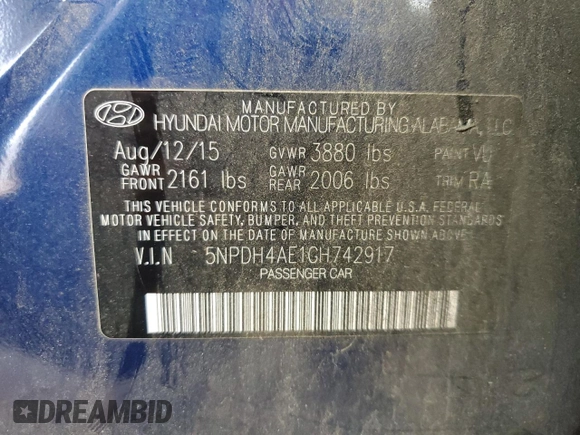 2016 Hyundai Elantra SE with VIN 5NPDH4AE1GH742917, listed as a Copart auction lot 60426485 with 129,078 mi miles and Salvage title. Bid and sale history available at DreamBid. Image 12.