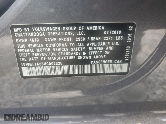 2017 Volkswagen Passat SE with VIN 1VWGT7A35HC002325, listed as a Copart auction lot 57383065 with 39,016 mi miles and Salvage title. Bid and sale history available at DreamBid. Image 12.
