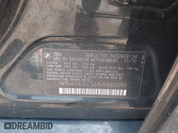 2011 BMW 3 Series 328i xDrive with VIN WBAPK5C56BA660390, listed as a IAAI auction lot 42491271 with 117,905 mi miles and . Bid and sale history available at DreamBid. Image 9.