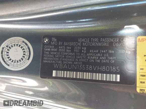 2008 BMW 1 Series 128i with VIN WBAUN13538VH80185, listed as a IAAI auction lot 41381953 with Not Provided miles and . Bid and sale history available at DreamBid. Image 9.