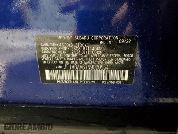 2022 Subaru WRX with VIN JF1VBAA67N9020554, listed as a Copart auction lot 47689455 with 12,278 mi miles and Salvage Title. Bid and sale history available at carsss.com. Image 14.