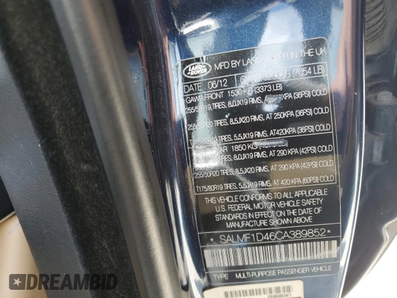 2012 Land Rover Range Rover HSE Lux with VIN SALMF1D46CA389852, listed as a Copart auction lot 67006465 with Not provided miles and Salvage title. Bid and sale history available at DreamBid. Image 13.