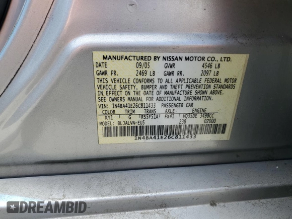 2006 Nissan Maxima 3.5 SL with VIN 1N4BA41E26C811433, listed as a Copart auction lot 51019575 with 161,924 mi miles and Salvage Title. Bid and sale history available at carsss.com. Image 12.