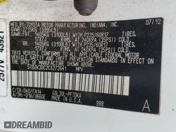 2012 Toyota Sienna with VIN 5TDZK3DC2CS272641, listed as a Copart auction lot 53378905 with 115,153 mi miles and Salvage title. Bid and sale history available at DreamBid. Image 13.