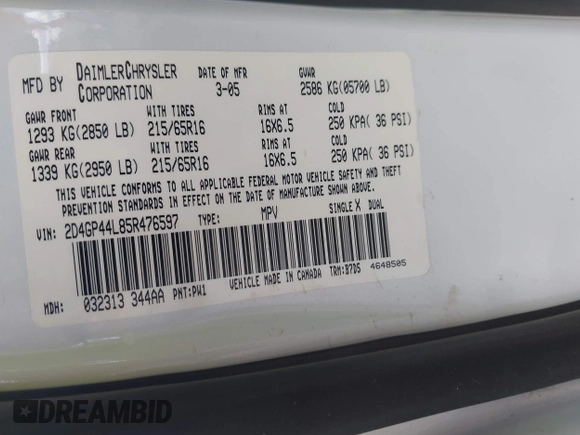 2005 Dodge Caravan SXT с VIN 2D4GP44L85R476597, выставлен на аукционе IAAI как лот 42667976 с пробегом 121 903 миль миль и . История ставок и продаж доступна на DreamBid. Изображение 9.