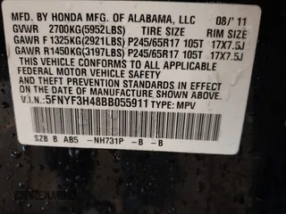 2011 Honda Pilot EX with VIN 5FNYF3H48BB055911, listed as a IAAI auction lot 41364335 with 165,445 mi miles and . Bid and sale history available at carsss.com. Image 9.