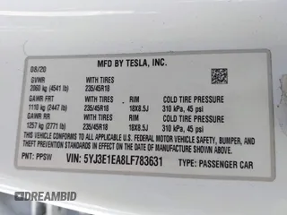 2020 Tesla Model 3 Standard Range Plus with VIN 5YJ3E1EA8LF783631, listed as a IAAI auction lot 40696383 with 78,889 mi miles. Bid and sale history available at carsss.com. Image 9.