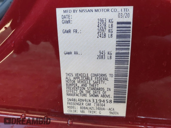 2020 Nissan Altima SV with VIN 1N4BL4DV4LN319458, listed as a IAAI auction lot 42160543 with 62,307 mi miles and . Bid and sale history available at DreamBid. Image 9.