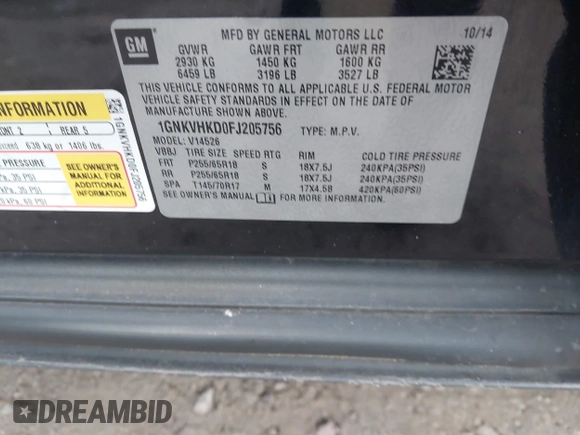 2015 Chevrolet Traverse LT with VIN 1GNKVHKD0FJ205756, listed as a IAAI auction lot 41047352 with Not Provided miles and . Bid and sale history available at DreamBid. Image 9.