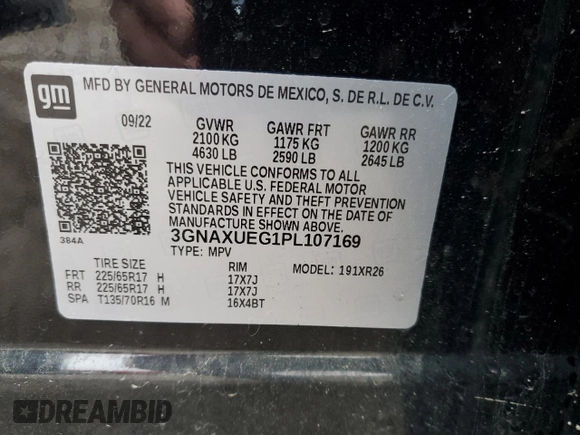 2023 Chevrolet Equinox LT with VIN 3GNAXUEG1PL107169, listed as a Copart auction lot 51832255 with 22,293 mi miles and Clean Title. Bid and sale history available at DreamBid. Image 14.