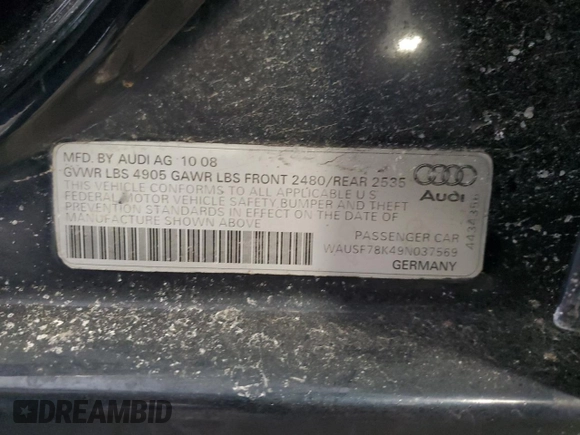 2009 Audi A4 2.0T Prem Plus with VIN WAUSF78K49N037569, listed as a Copart auction lot 44010005 with 169,591 mi miles and Clean Title. Bid and sale history available at carsss.com. Image 12.