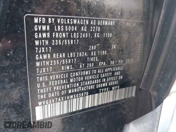 2017 Volkswagen Tiguan Wolfsburg Edition z VIN WVGSV7AX1HW503670, wystawiony jako IAAI lot #42235251 z przebiegiem 88 477 mil mil oraz . Historia ofert i sprzedaży dostępna na DreamBid. Obrazek 9.