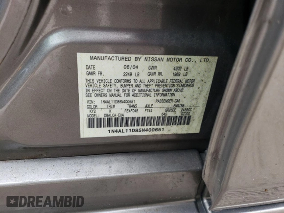 2005 Nissan Altima SL z VIN 1N4AL11D85N400651, wystawiony jako Copart lot #56985505 z przebiegiem 95 036 mil mil oraz Czysty tytuł • Clean title. Historia ofert i sprzedaży dostępna na DreamBid. Obrazek 12.