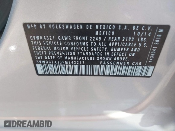 2015 Volkswagen Jetta SE with VIN 3VWD07AJ3FM242267, listed as a IAAI auction lot 41500978 with Not provided miles and . Bid and sale history available at DreamBid. Image 9.