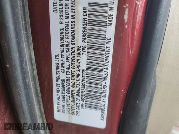 2002 Subaru Legacy Outback with VIN 4S3BH675527642035, listed as a Copart auction lot 43069325 with 208,818 mi miles and Clean title. Bid and sale history available at DreamBid. Image 12.