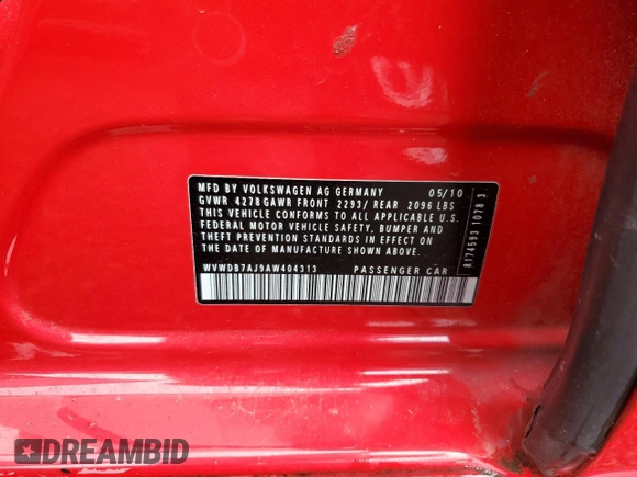 2010 Volkswagen Golf с VIN WVWDB7AJ9AW404313, выставлен на аукционе Copart как лот 74779244 с пробегом 164 318 миль миль и Списание • Salvage title. История ставок и продаж доступна на DreamBid. Изображение 12.