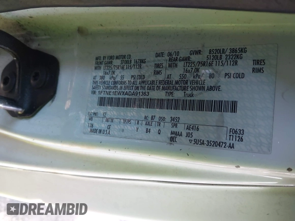 2010 Ford Econoline Cargo Commercial with VIN 1FTNE1EWXADA91363, listed as a IAAI auction lot 41833964 with 167,426 mi miles and . Bid and sale history available at carsss.com. Image 8.