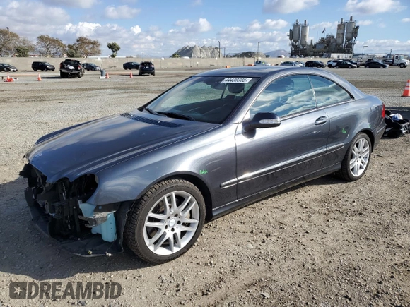 2008 Mercedes-Benz CLK 350 with VIN WDBTJ56HX8F256089, listed as a Copart auction lot 44430385 with 73,307 mi miles and Salvage title. Bid and sale history available at DreamBid. Image 1.
