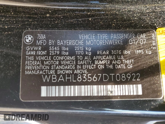 2007 BMW 7 Series 750i z VIN WBAHL83567DT08922, wystawiony jako Copart lot #56196245 z przebiegiem 124 095 mil mil oraz Czysty tytuł • Clean title. Historia ofert i sprzedaży dostępna na DreamBid. Obrazek 12.