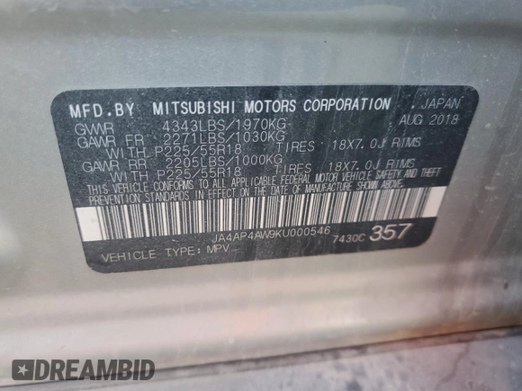 2019 Mitsubishi Outlander Sport GT 2.4 with VIN JA4AP4AW9KU000546, listed as a Copart auction lot 75496284 with 45,817 mi miles and Salvage Title. Bid and sale history available at carsss.com. Image 15.