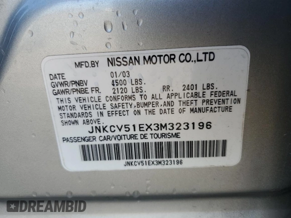 2003 Infiniti G35 w/Leather z VIN JNKCV51EX3M323196, wystawiony jako Copart lot #55445135 z przebiegiem 268 666 mil mil oraz Szkoda całkowita • Salvage title. Historia ofert i sprzedaży dostępna na DreamBid. Obrazek 12.