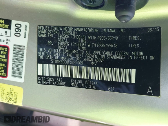 2015 Toyota Sienna XLE with VIN 5TDYK3DC0FS632909, listed as a IAAI auction lot 42012143 with 97,084 mi miles and . Bid and sale history available at DreamBid. Image 9.