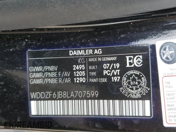 2020 Mercedes-Benz E 450 with VIN WDDZF6JB8LA707599, listed as a Copart auction lot 53516995 with 87,673 mi miles and Clean Title. Bid and sale history available at DreamBid. Image 12.